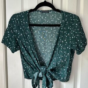 Green Floral Tie-Front Top